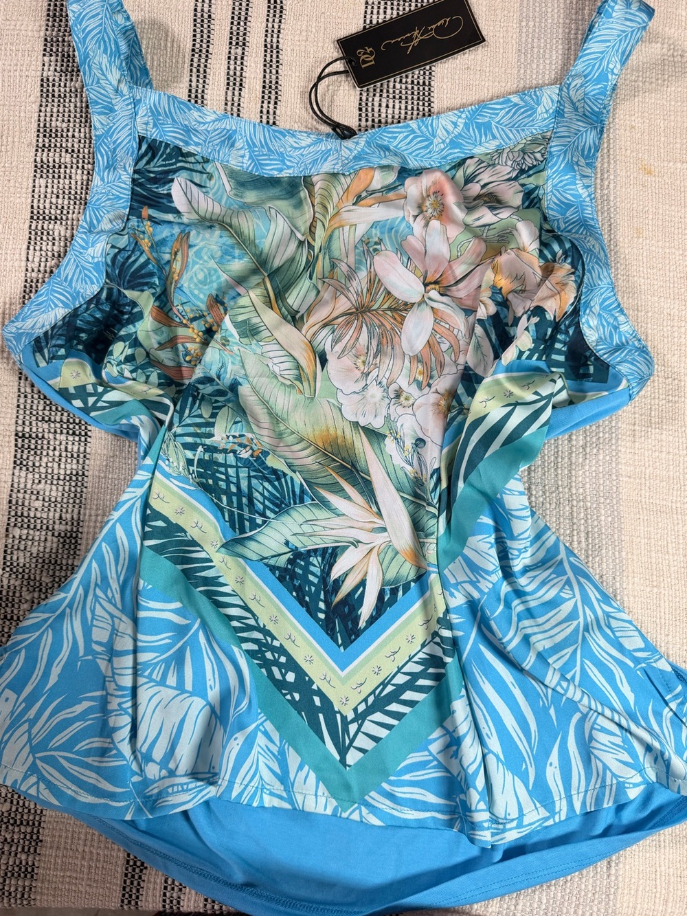DG2 by Diane Gilman Blue Tropical Print Tank